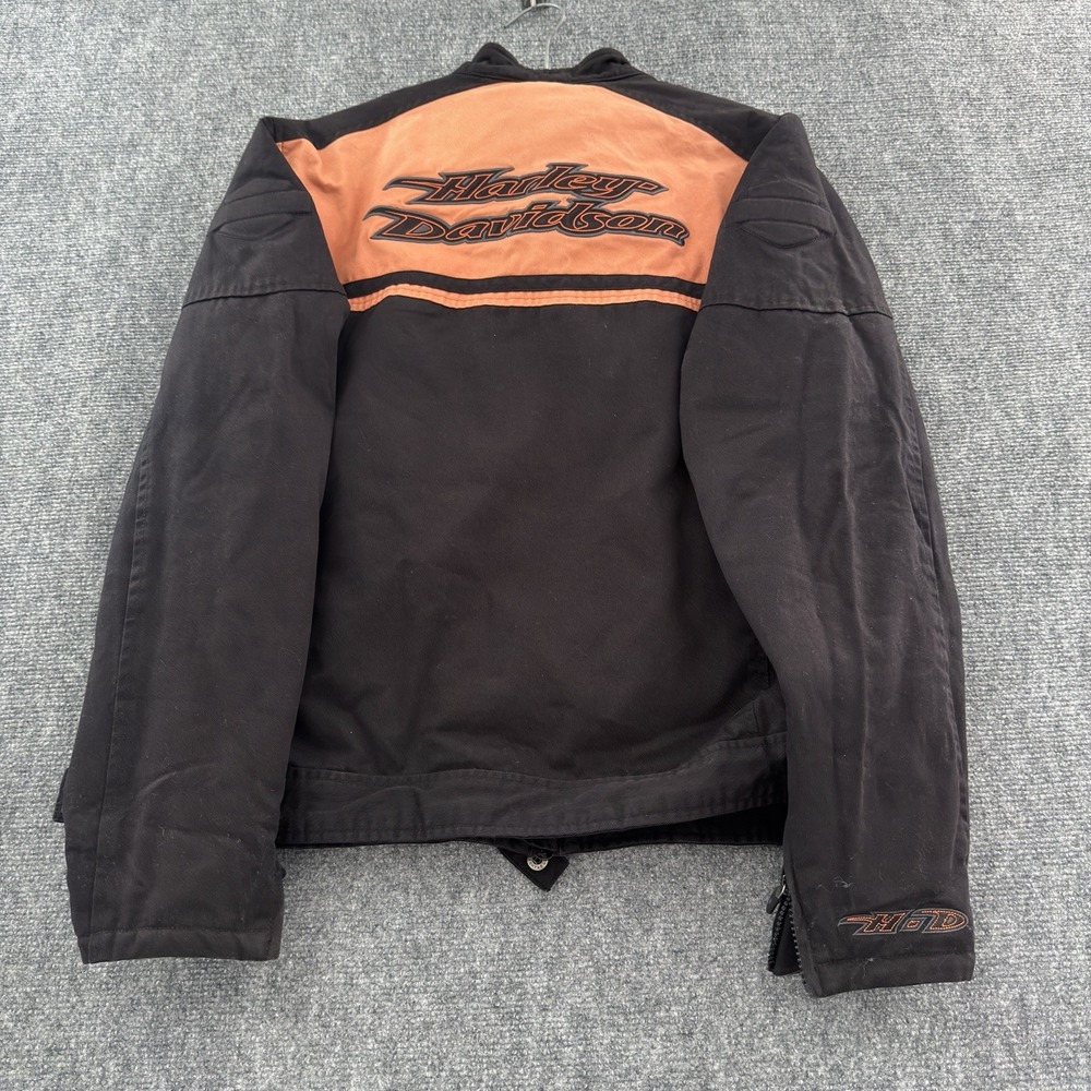 Harley Davidson Biker Jacket Mens Medium Black Orange Canvas Embroidered